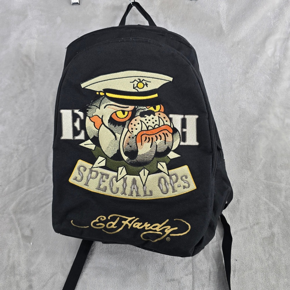 Vintage Ed‎ Hardy Special Ops Bull Dog Military Black Backpack